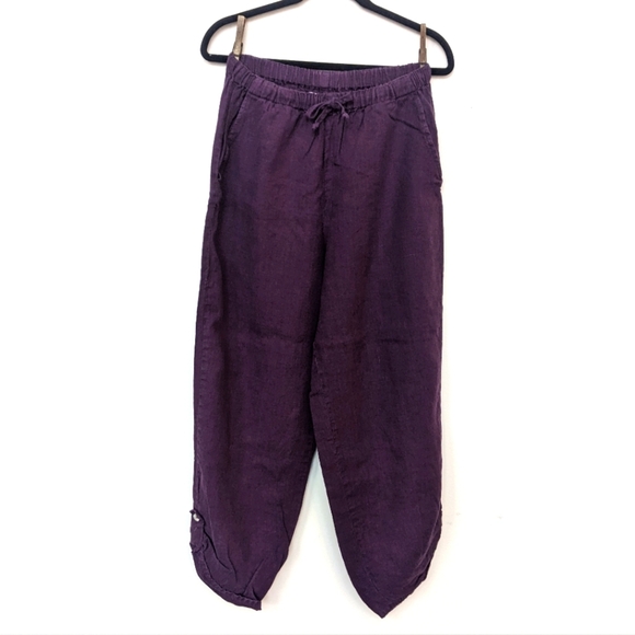 Flax Pants - Flax 100% Linen Floods Roll Tab Pant Eggplant Purple Pull-on Style